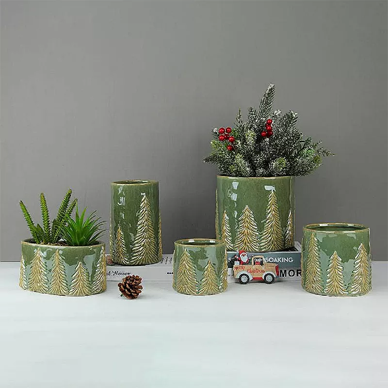 Kerstdennenvaas met reliëf